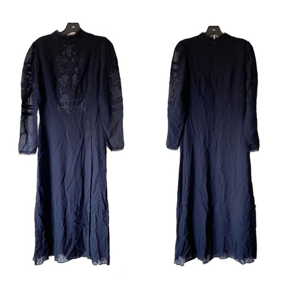 Reformation Adelia Dress Side-Buttons Long-Sleeve Midi Lace Sheer Black 8 EUC - Picture 2 of 8